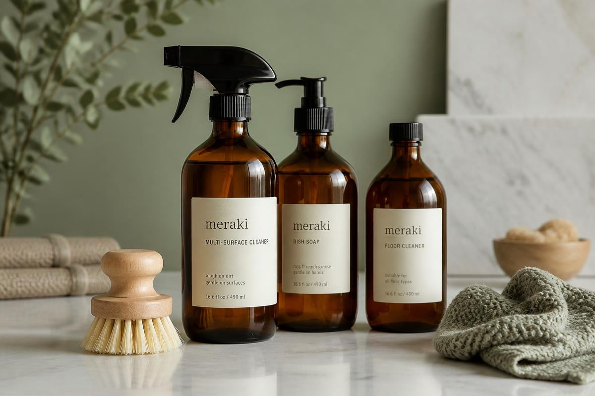 High-end natural cleaning products in amber glass bottles