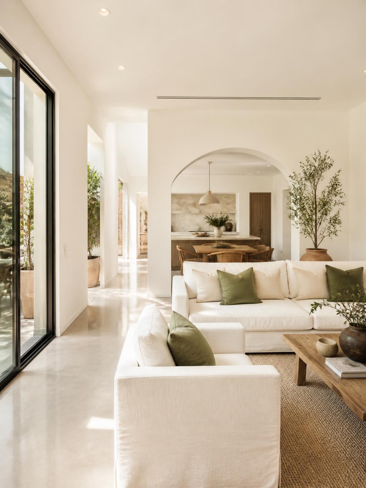 A sun-drenched, pristine modern living room
